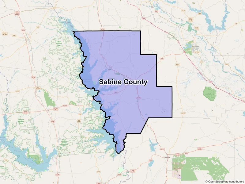 Map of Sabine County, Louisiana and ZIP codes