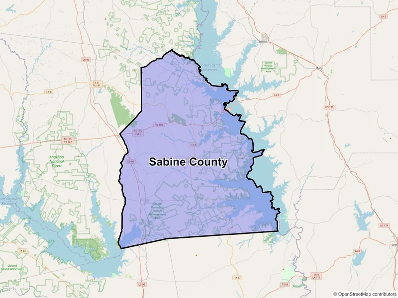 Map of Sabine County, Texas and ZIP codes