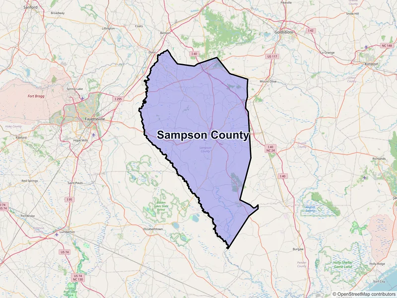 Map of Sampson County, North Carolina and ZIP codes