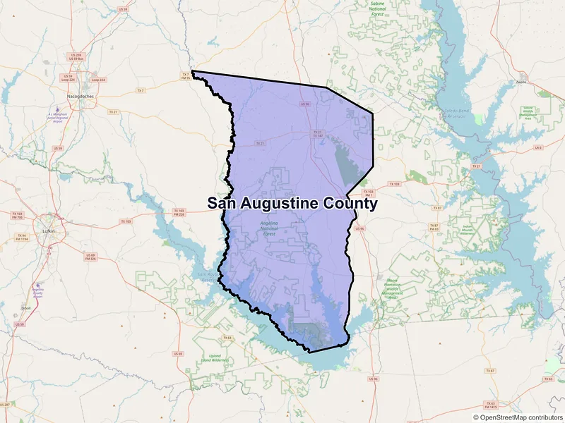 Map of San Augustine County, Texas and ZIP codes