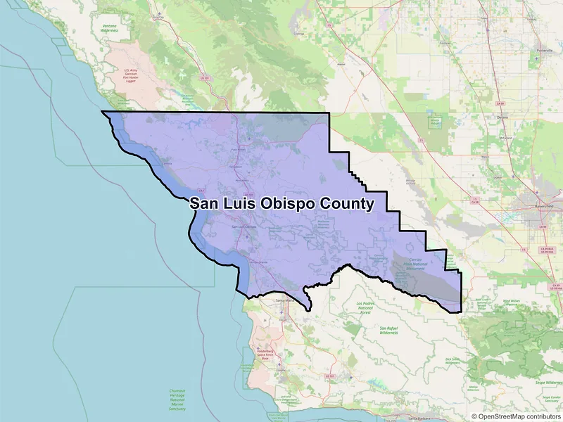 Map of San Luis Obispo County, California and ZIP codes
