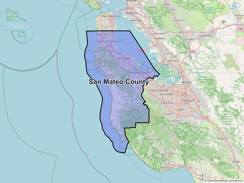 Map of San Mateo County, California and ZIP codes