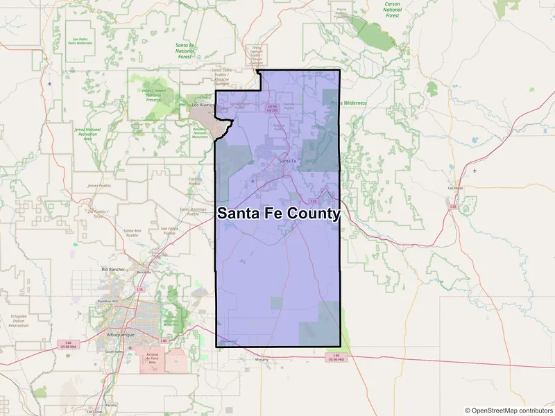 Map of Santa Fe County, New Mexico and ZIP codes