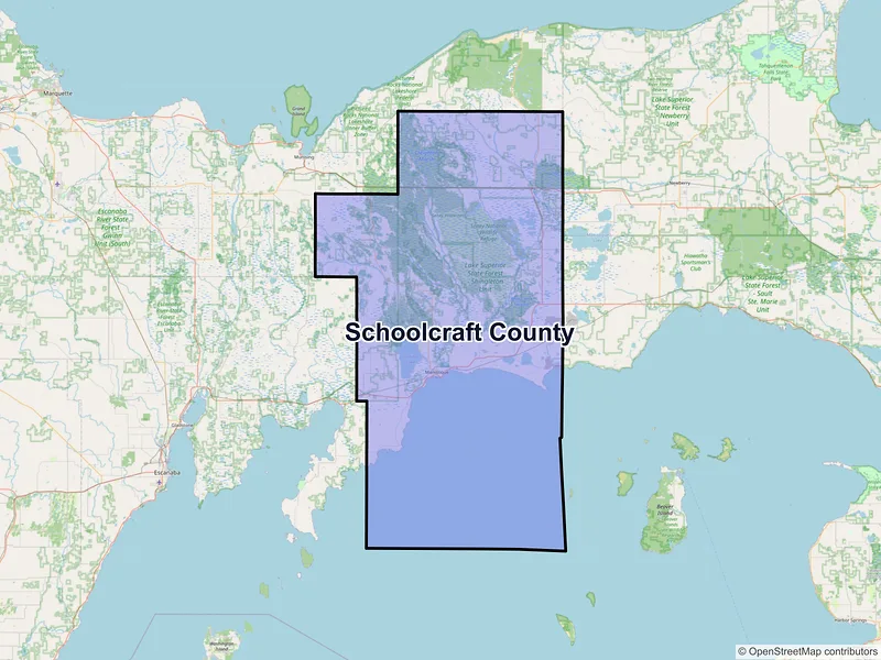 Map of Schoolcraft County, Michigan and ZIP codes