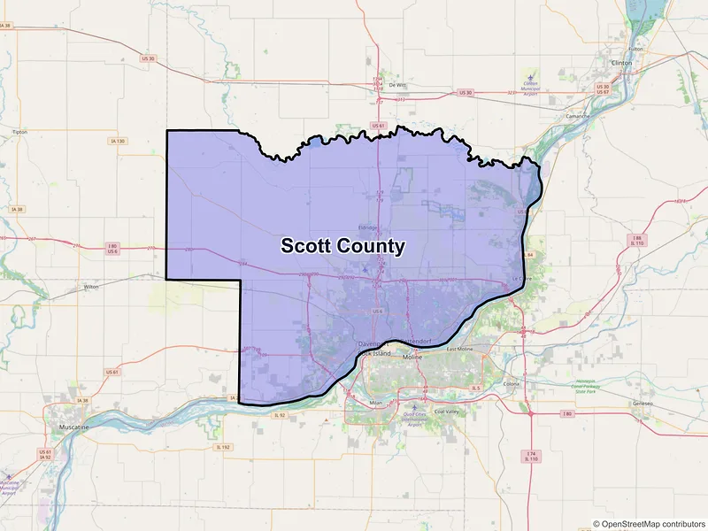 Map of Scott County, Iowa and ZIP codes