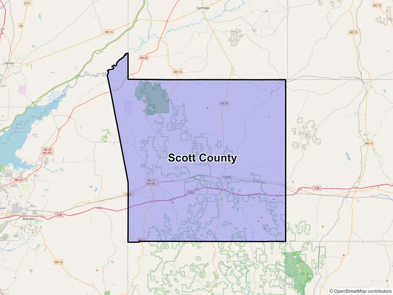 Map of Scott County, Mississippi and ZIP codes