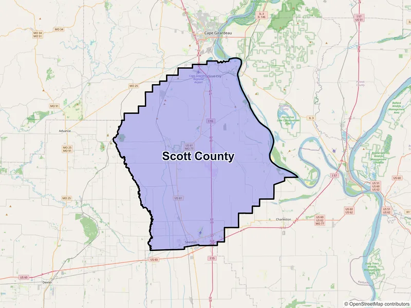 Map of Scott County, Missouri and ZIP codes