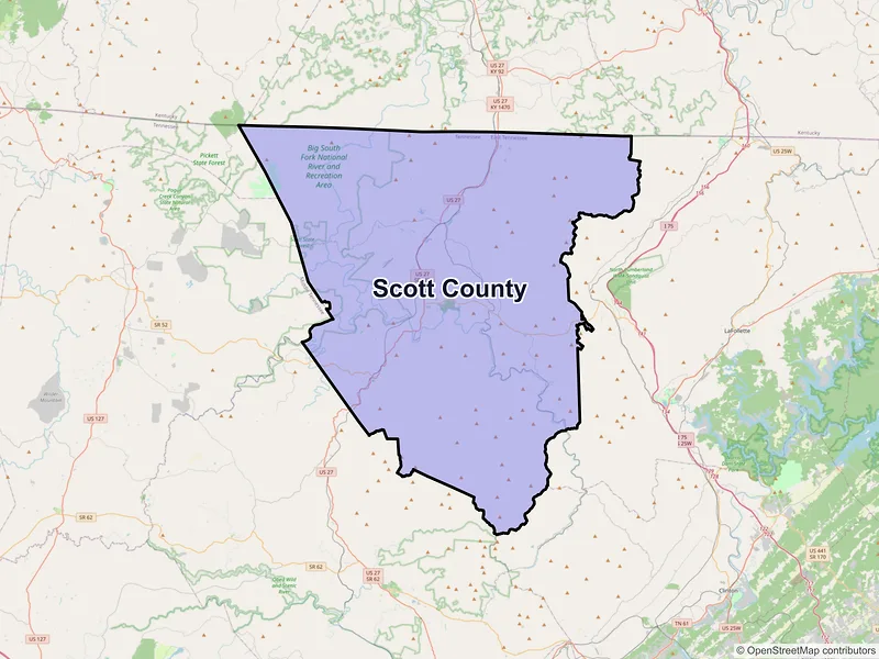 Map of Scott County, Tennessee and ZIP codes