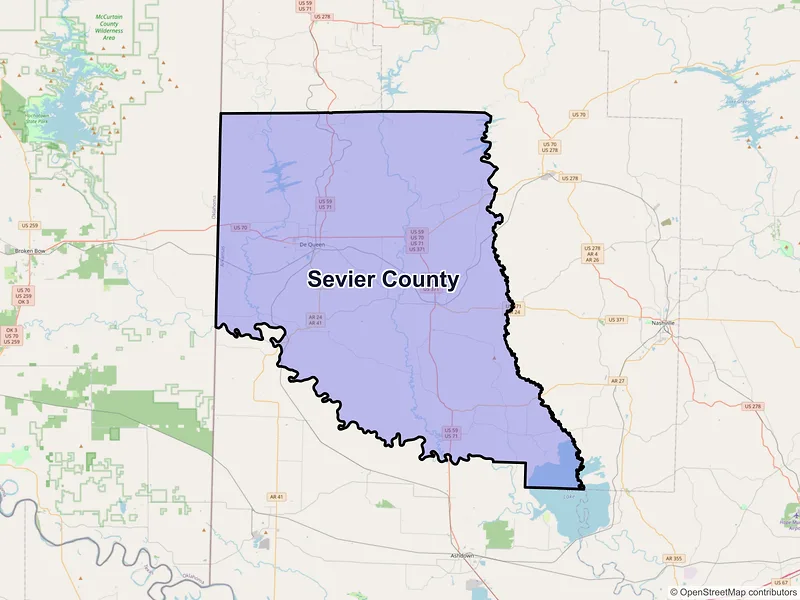 Map of Sevier County, Arkansas and ZIP codes