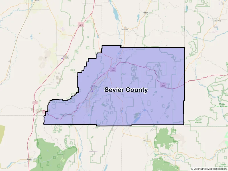 Map of Sevier County, Utah and ZIP codes
