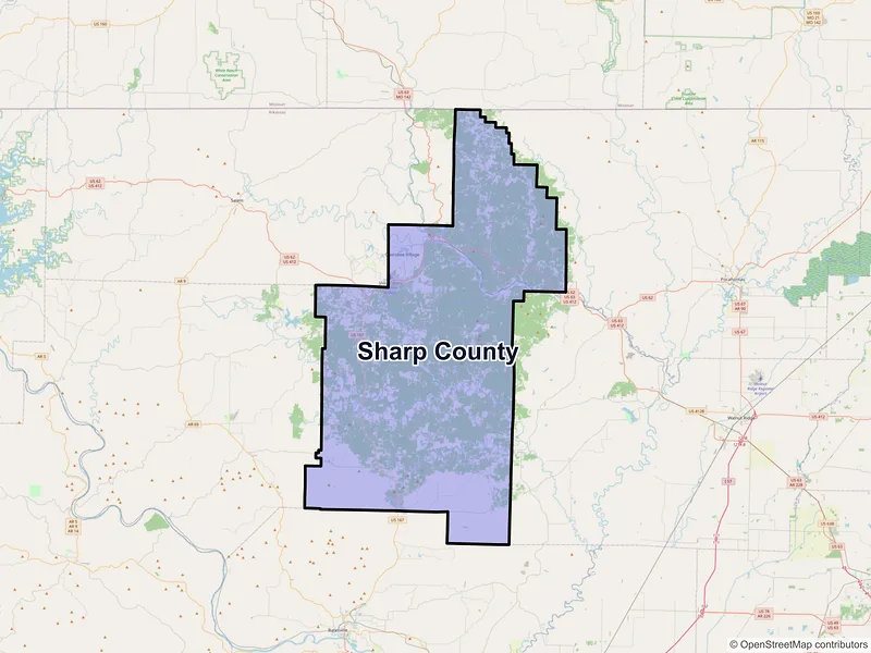 Map of Sharp County, Arkansas and ZIP codes