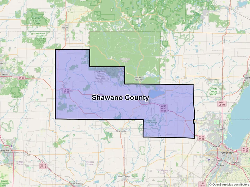 Map of Shawano County, Wisconsin and ZIP codes