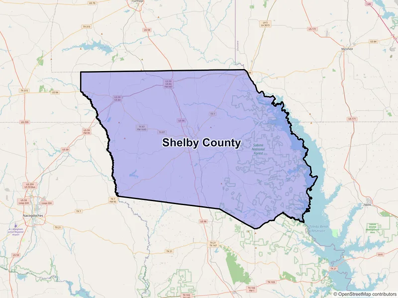 Map of Shelby County, Texas and ZIP codes
