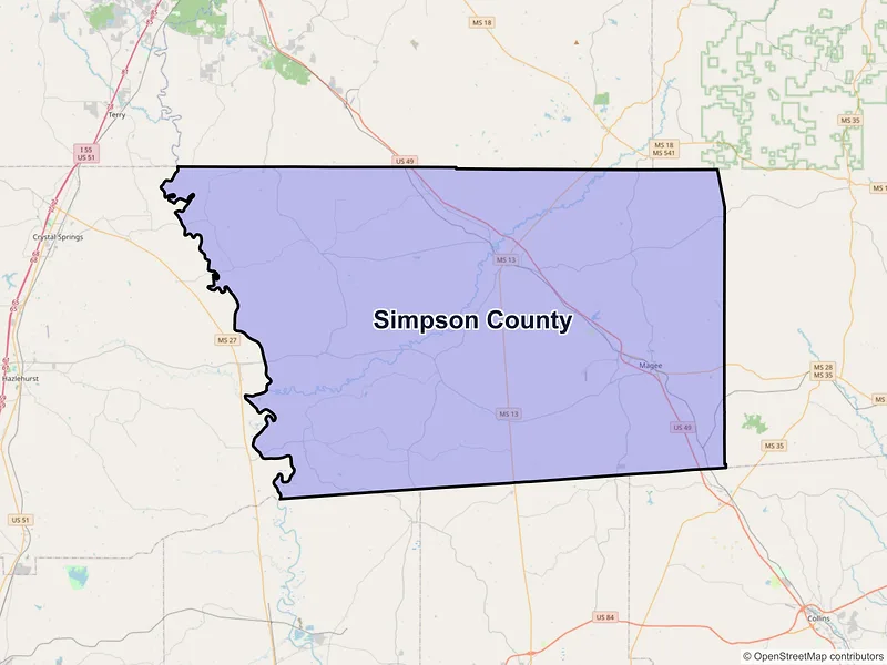Map of Simpson County, Mississippi and ZIP codes