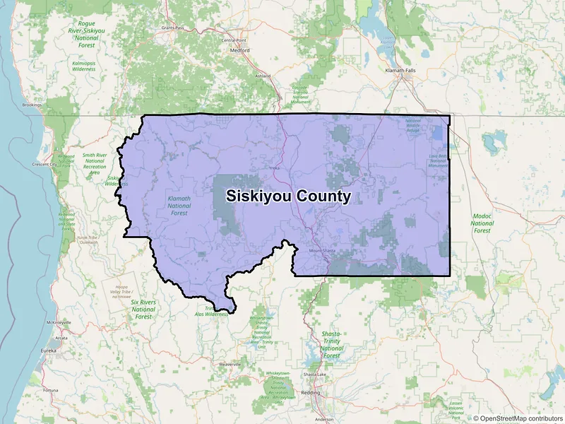 Map of Siskiyou County, California and ZIP codes
