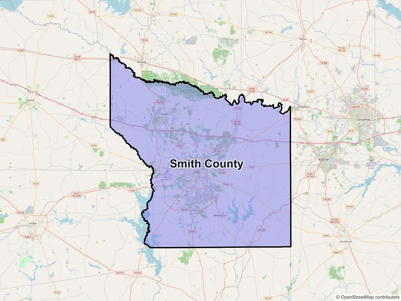 Map of Smith County, Texas and ZIP codes