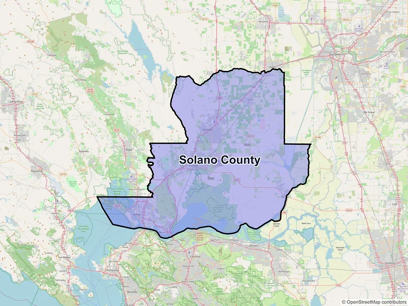 Map of Solano County, California and ZIP codes