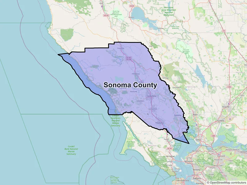 Map of Sonoma County, California and ZIP codes