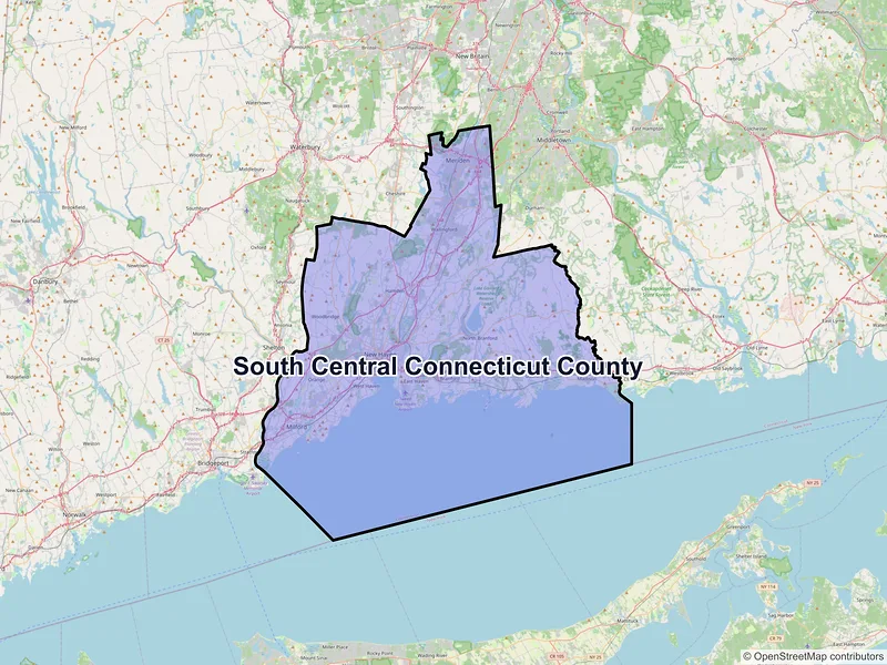 Map of South Central Connecticut County, Connecticut and ZIP codes