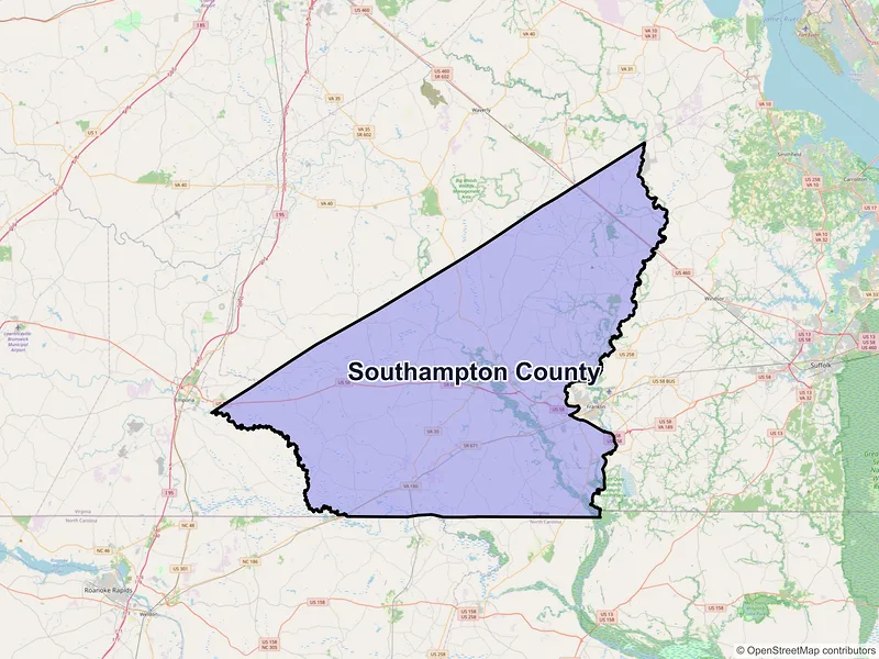 Map of Southampton County, Virginia and ZIP codes