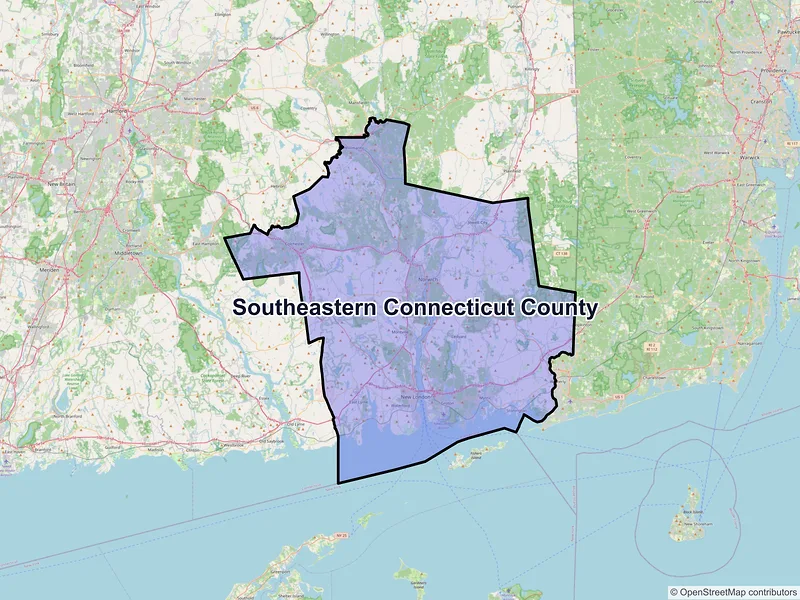 Map of Southeastern Connecticut County, Connecticut and ZIP codes