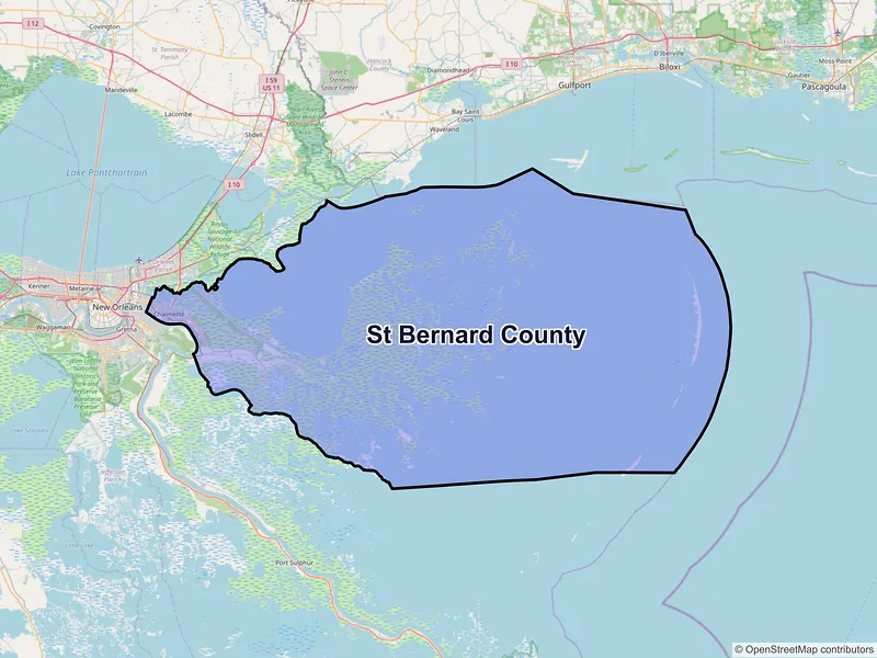 Map of St. Bernard County, Louisiana and ZIP codes