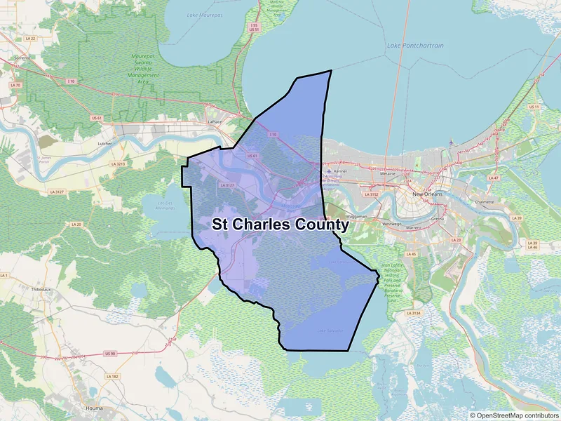 Map of St. Charles County, Louisiana and ZIP codes