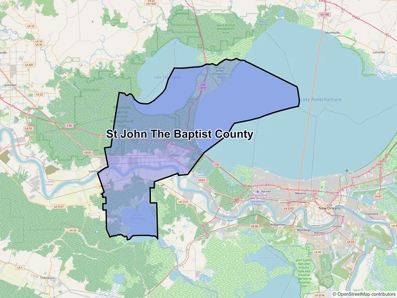 Map of St. John the Baptist County, Louisiana and ZIP codes