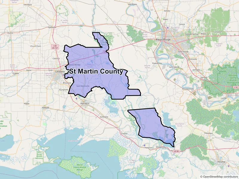 Map of St. Martin County, Louisiana and ZIP codes