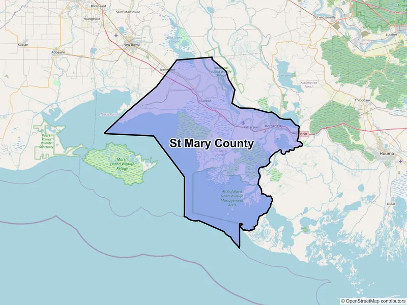 Map of St. Mary County, Louisiana and ZIP codes