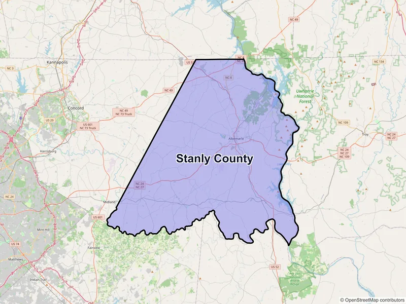 Map of Stanly County, North Carolina and ZIP codes