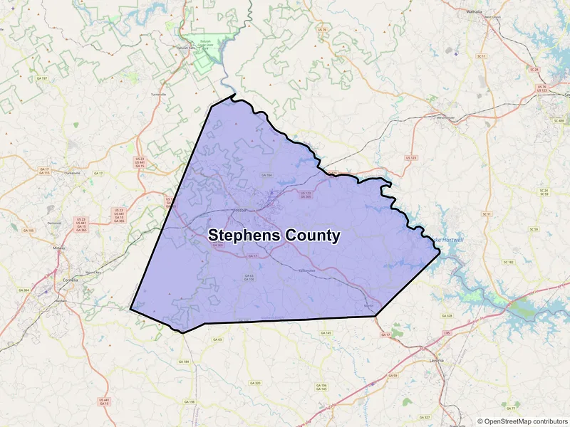 Map of Stephens County, Georgia and ZIP codes