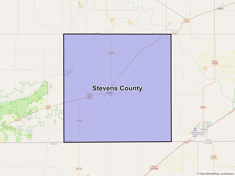 Map of Stevens County, Kansas and ZIP codes