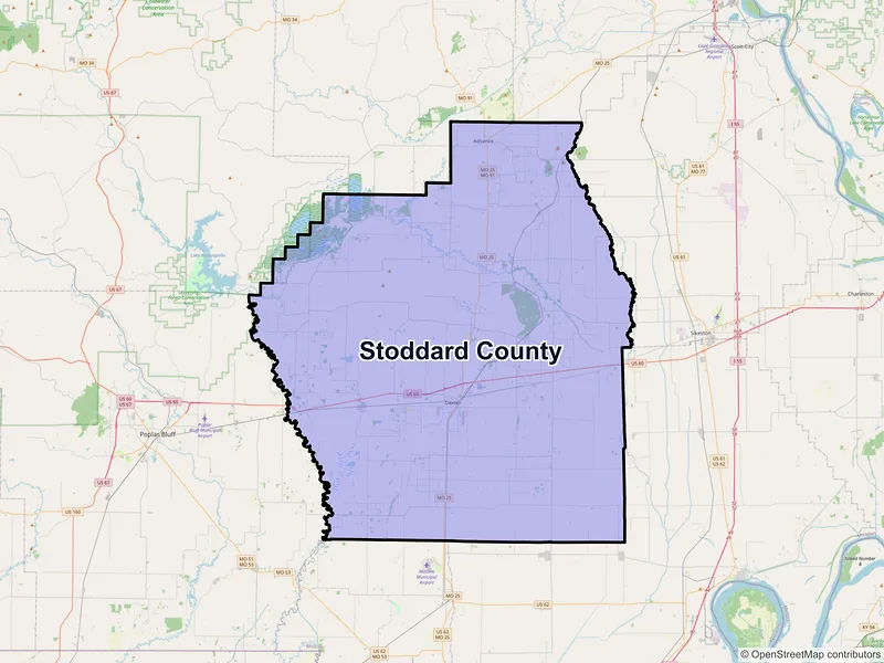 Map of Stoddard County, Missouri and ZIP codes