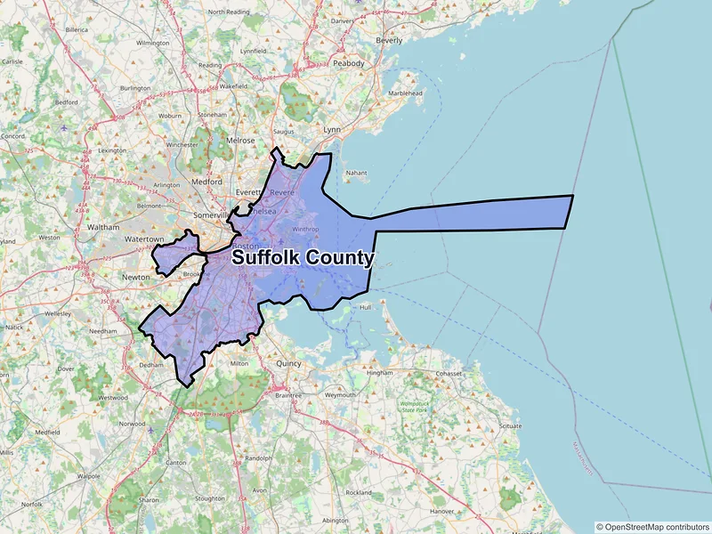 Map of Suffolk County, Massachusetts and ZIP codes