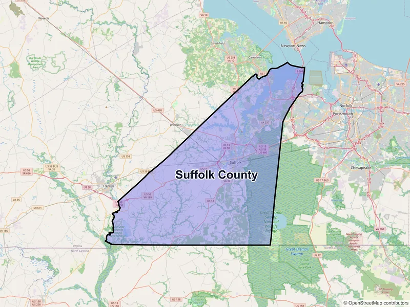 Map of Suffolk County, Virginia and ZIP codes