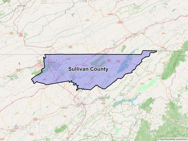 Map of Sullivan County, Tennessee and ZIP codes