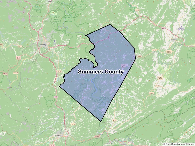 Map of Summers County, West Virginia and ZIP codes