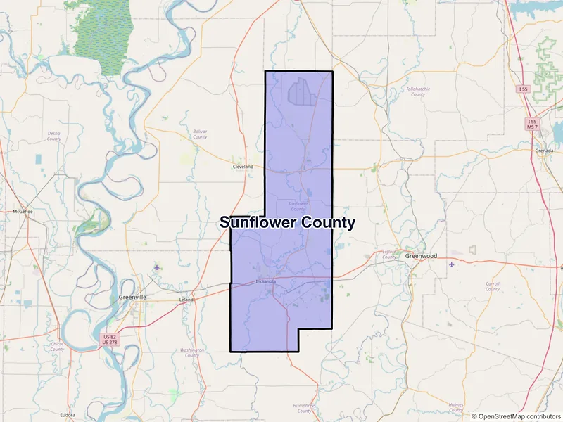 Map of Sunflower County, Mississippi and ZIP codes