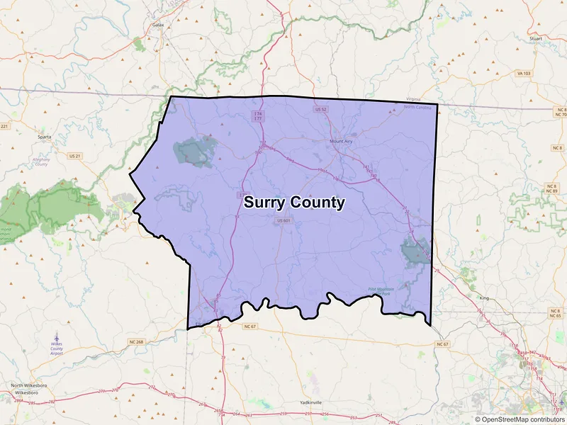 Map of Surry County, North Carolina and ZIP codes