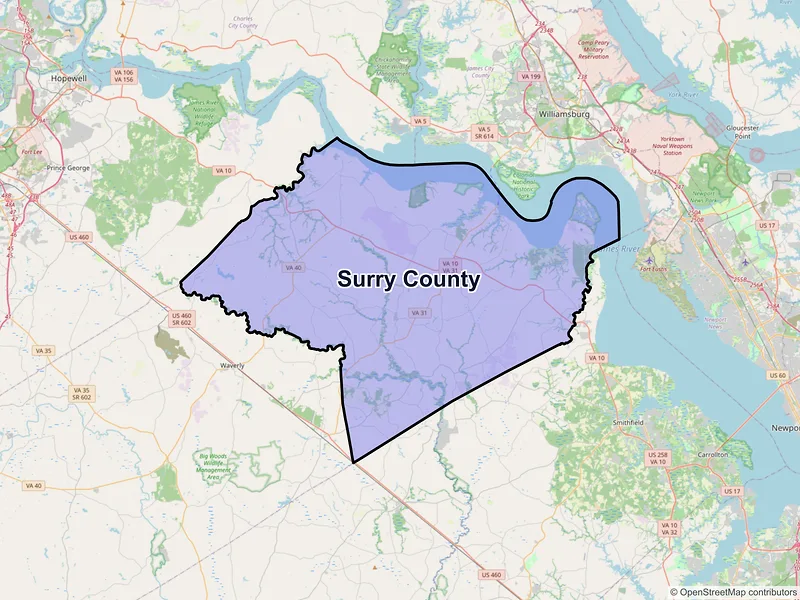 Map of Surry County, Virginia and ZIP codes