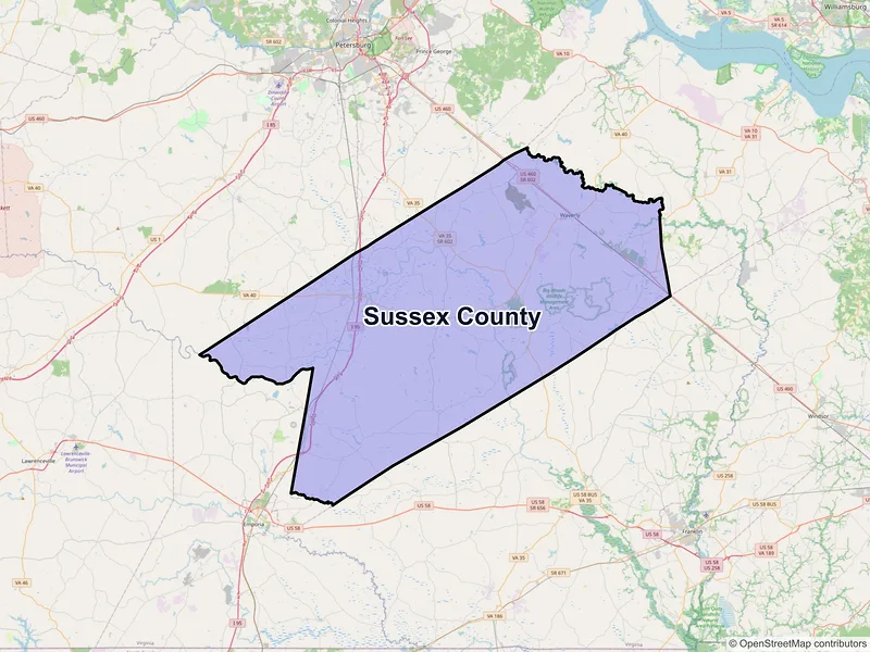 Map of Sussex County, Virginia and ZIP codes