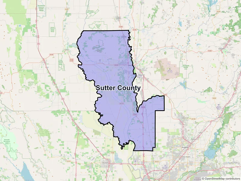 Map of Sutter County, California and ZIP codes