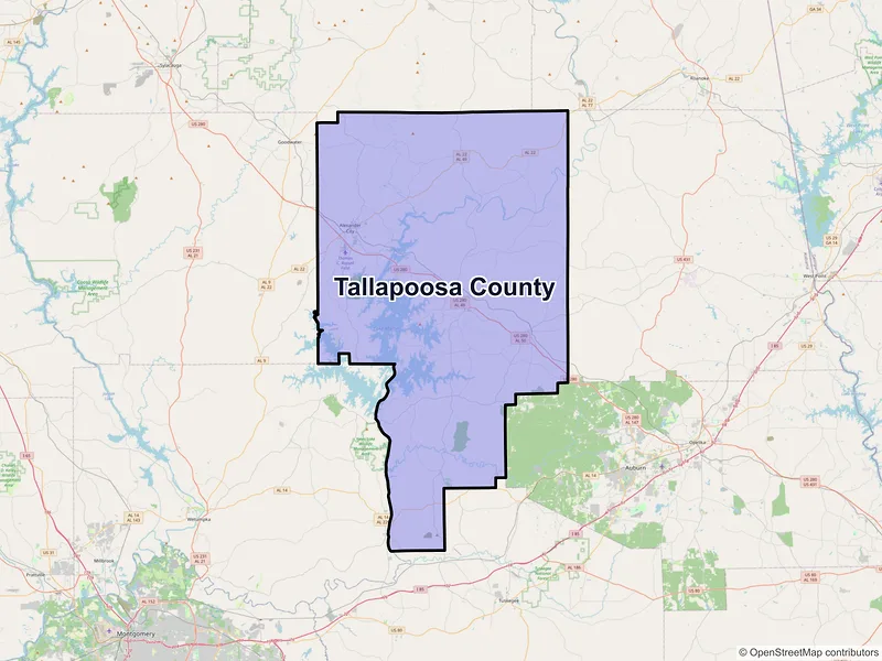 Map of Tallapoosa County, Alabama and ZIP codes