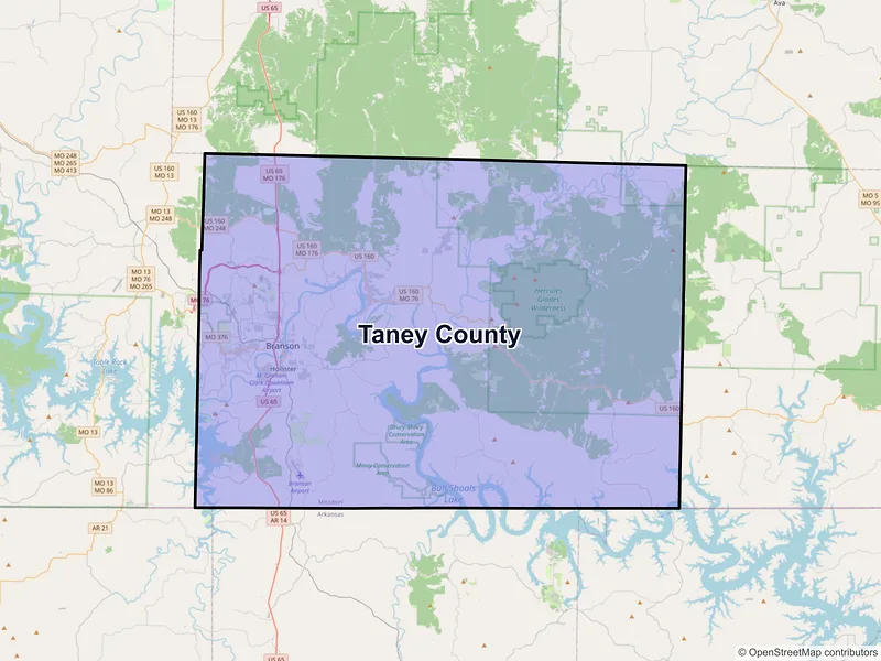 Map of Taney County, Missouri and ZIP codes