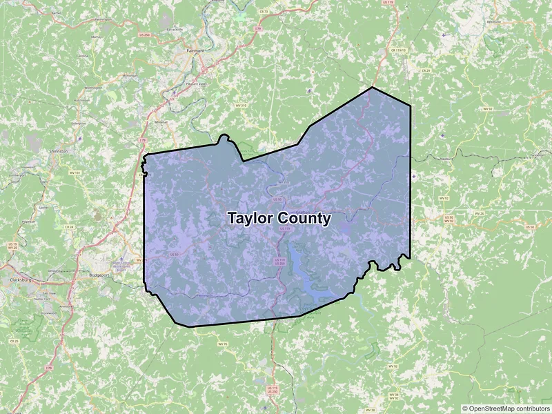 Map of Taylor County, West Virginia and ZIP codes