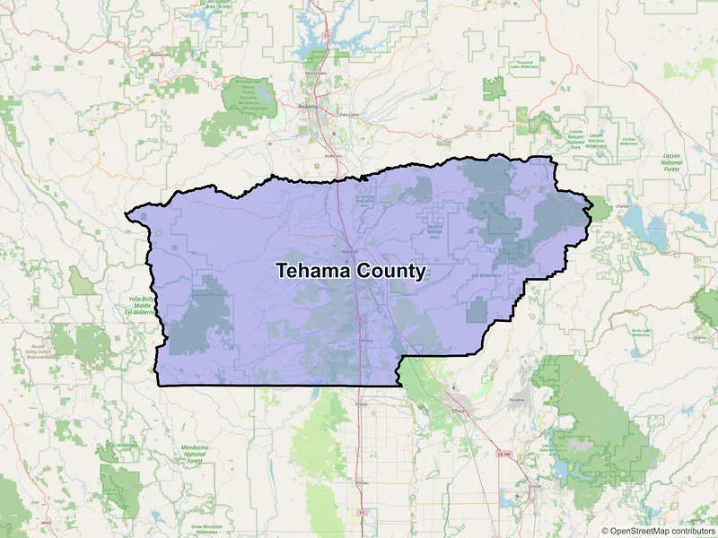 Map of Tehama County, California and ZIP codes