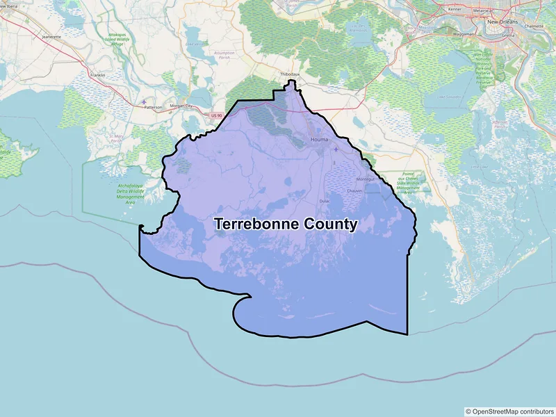 Map of Terrebonne County, Louisiana and ZIP codes
