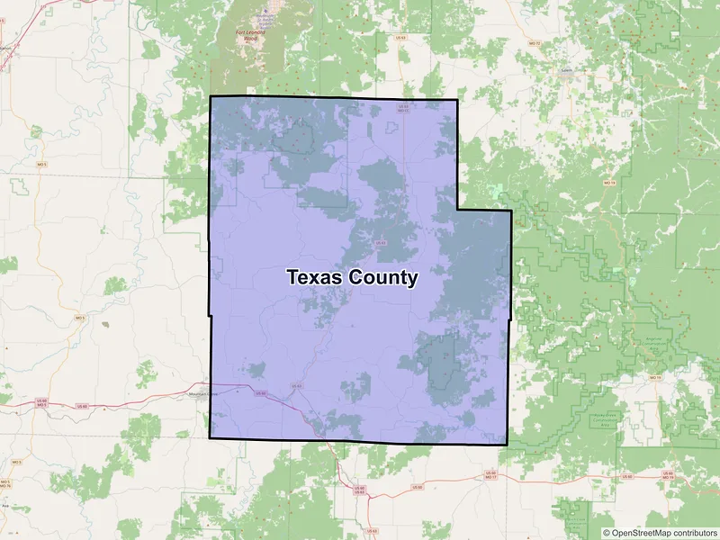 Map of Texas County, Missouri and ZIP codes