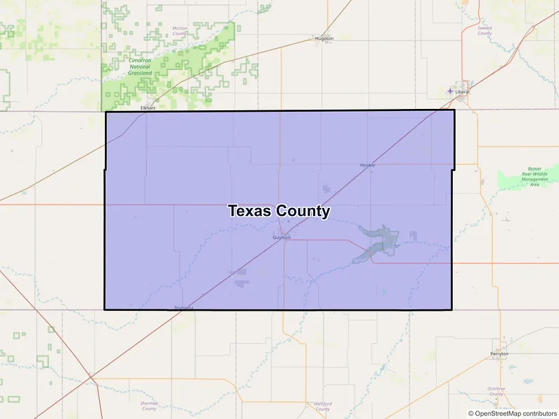 Map of Texas County, Oklahoma and ZIP codes